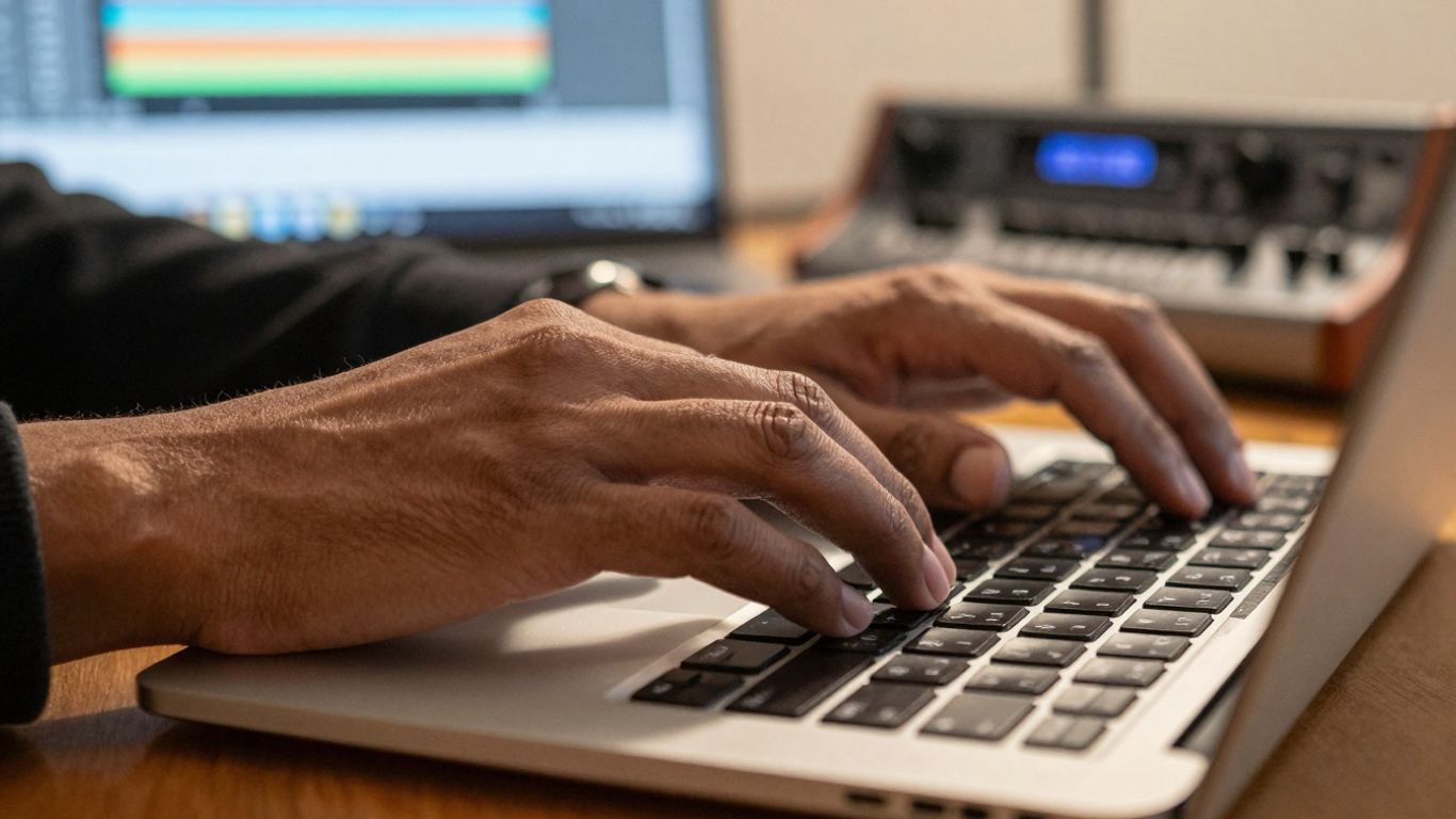 Hands typing on a laptop keyboard, music production equipment blurred.