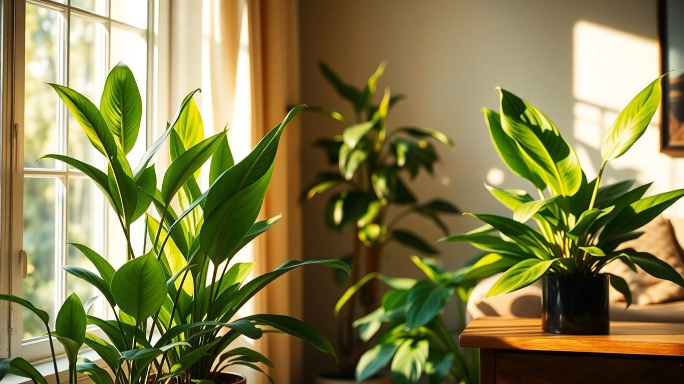 Plantas verdes em uma sala iluminada com luz natural.