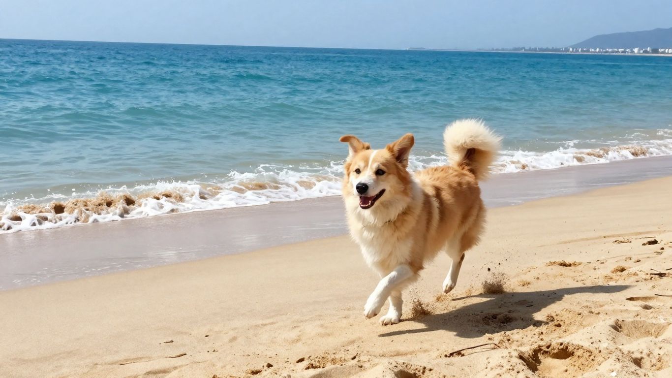 Hond rent op een zonnig strand