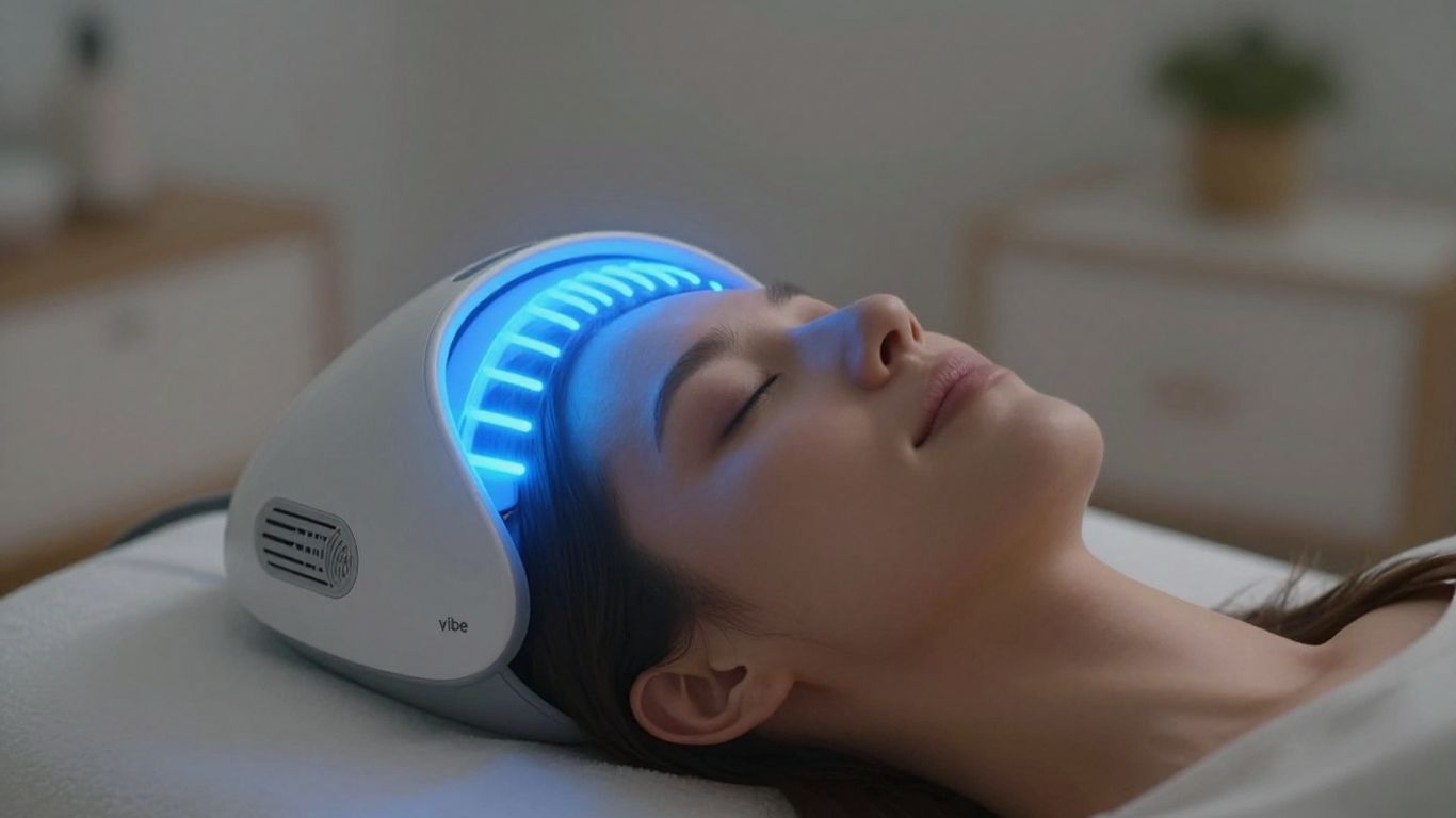 Person relaxing with Vibe PEMF therapy device.