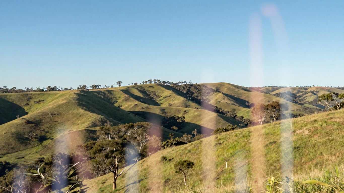 Australian landscape with rolling hills and blue sky.