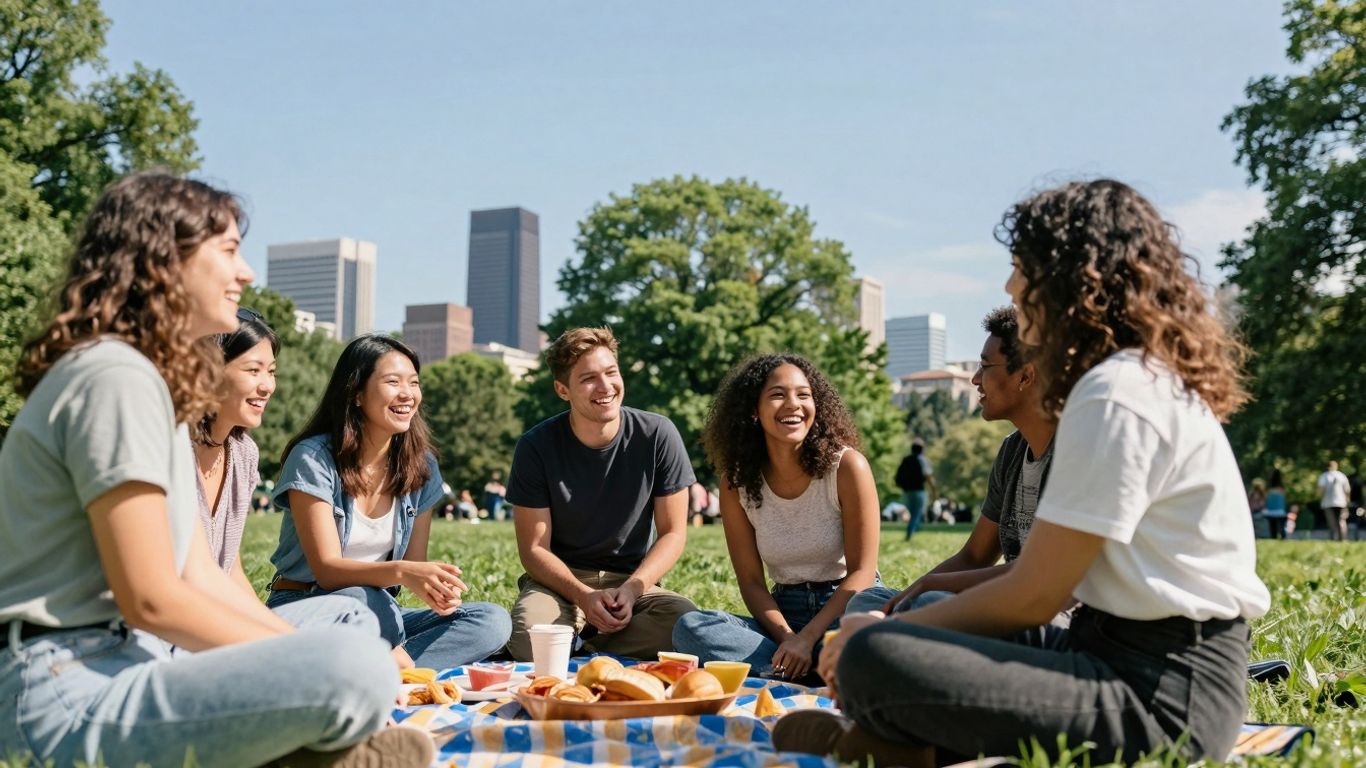 Portland friends enjoying a picnic in a park.