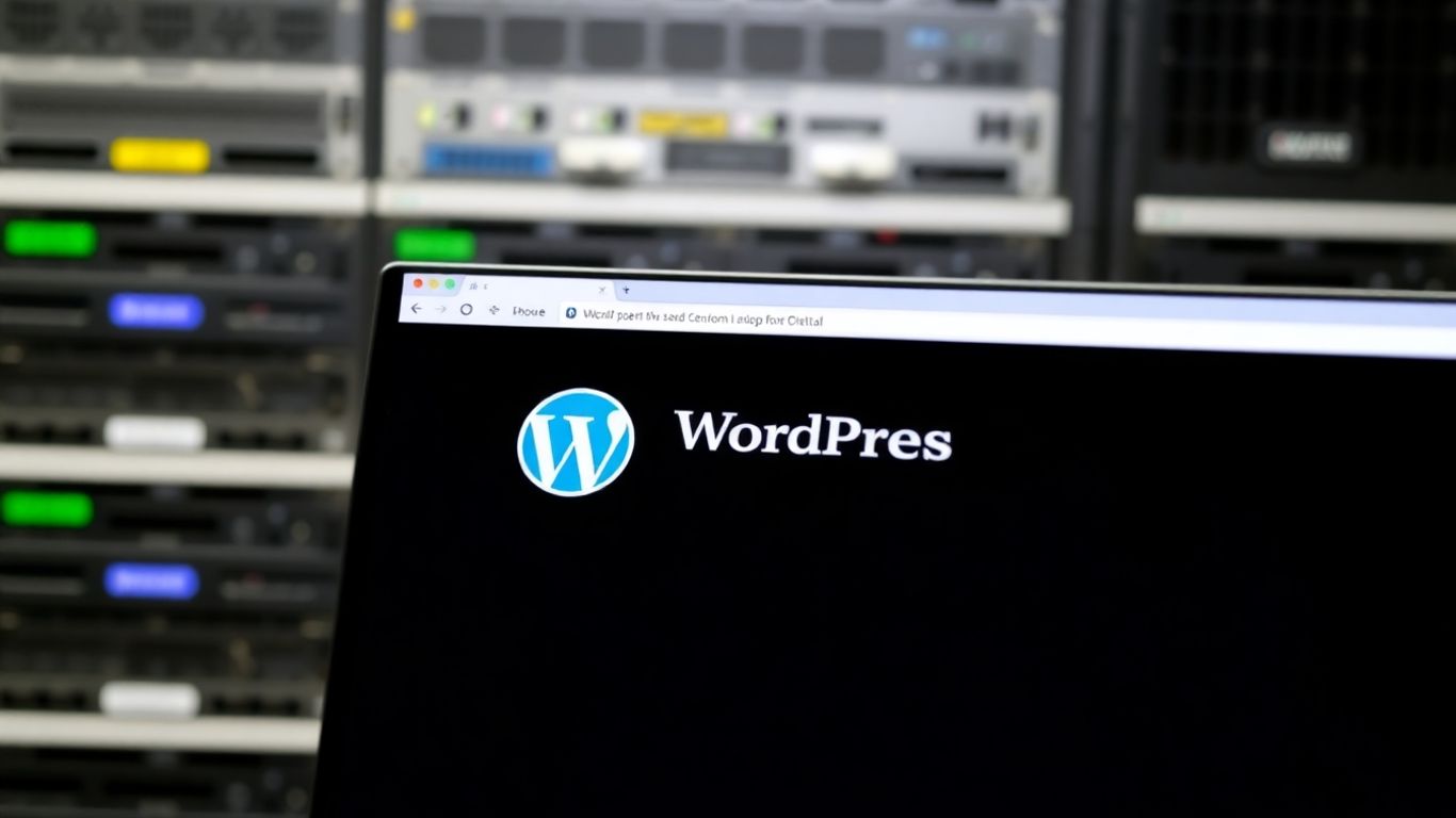 شعار ووردبريس على شاشة كمبيوتر مع رف خادم