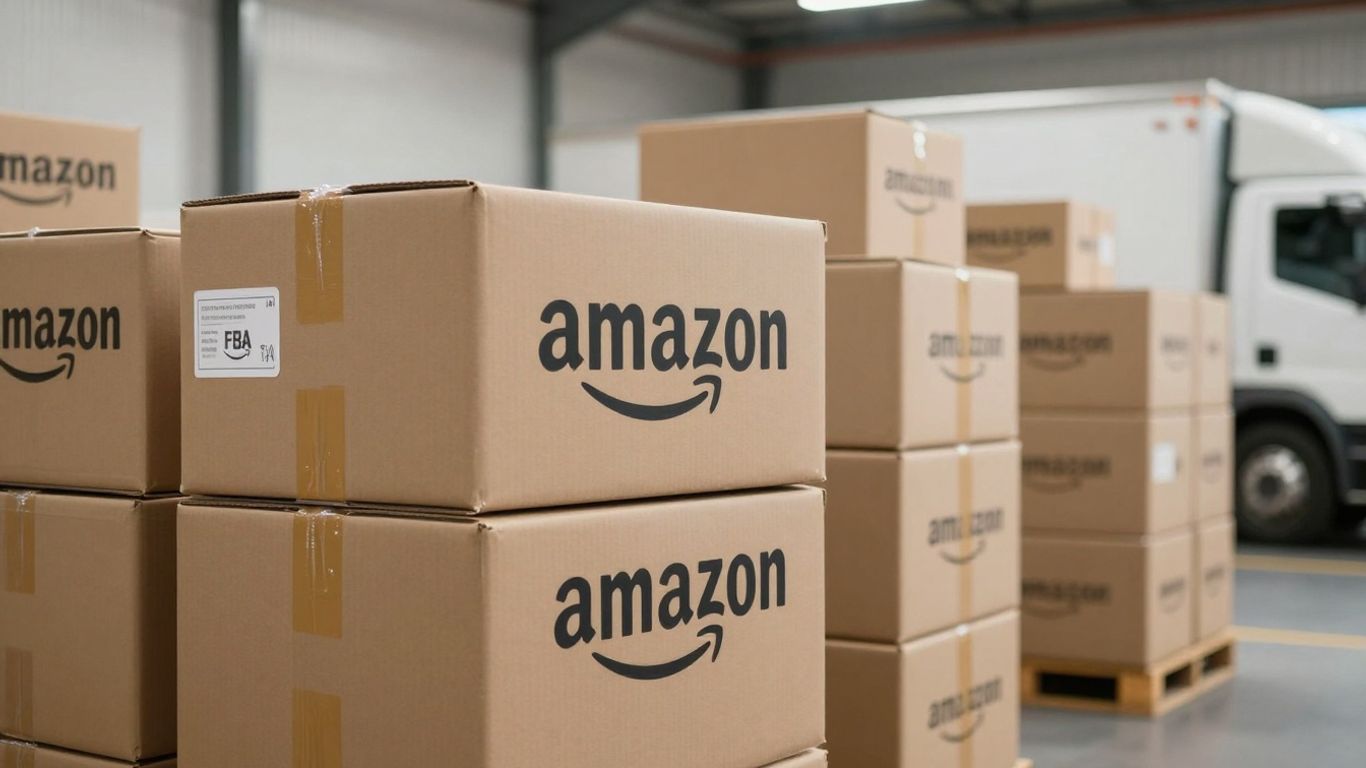 Amazon FBA warehouse with organized boxes and delivery truck.