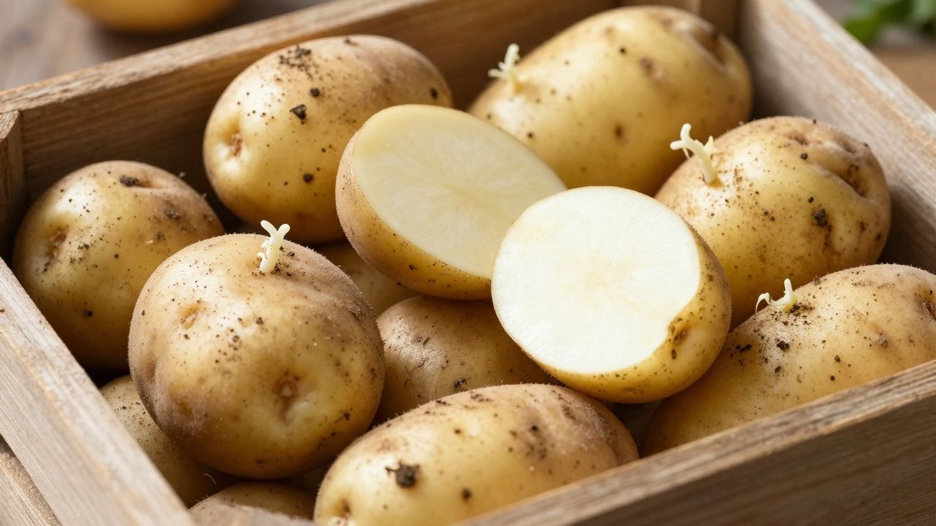 Verse biologische aardappelen in een houten kist.