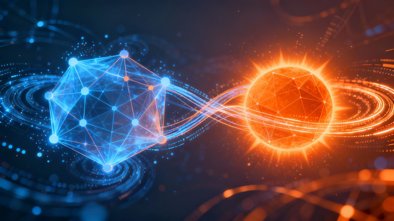 Ethereum and Solana blockchains connecting with digital energy.