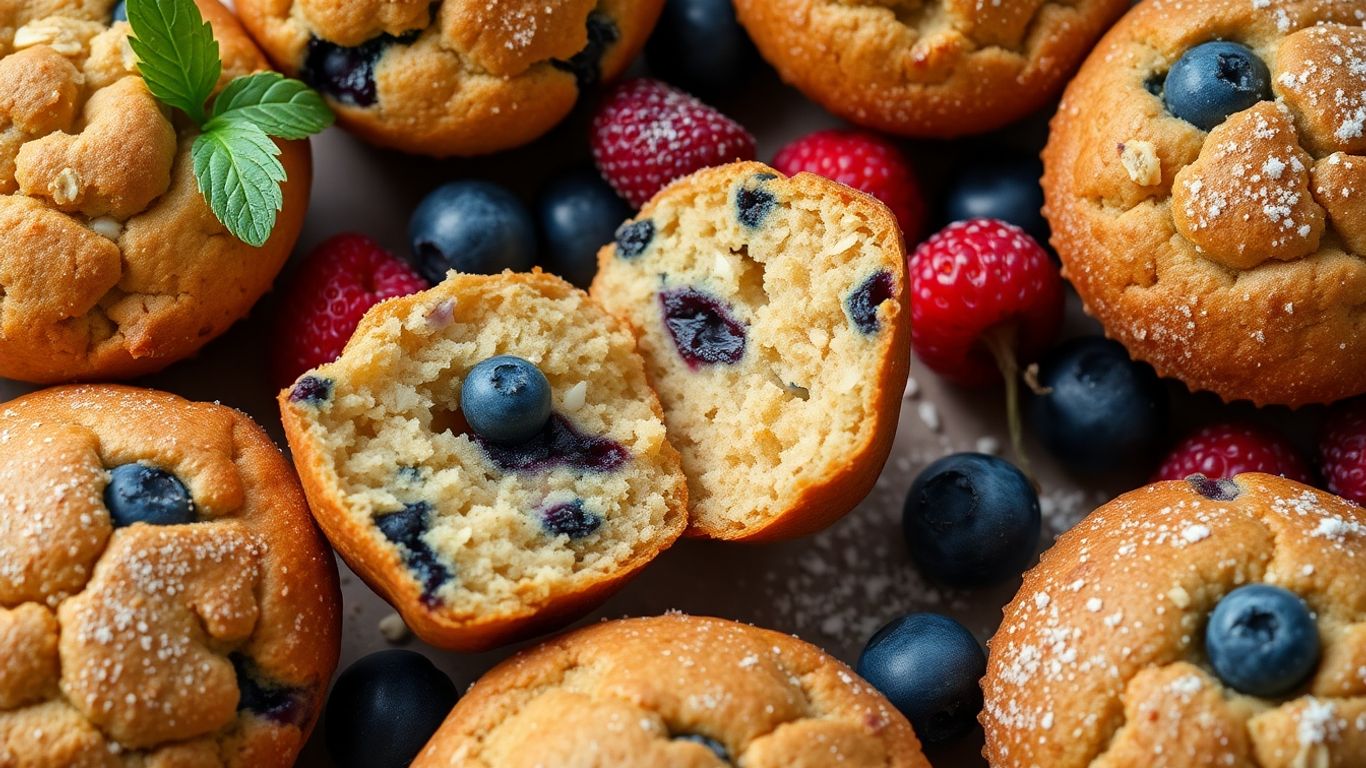Healthy breakfast muffins with fresh berries and oats.