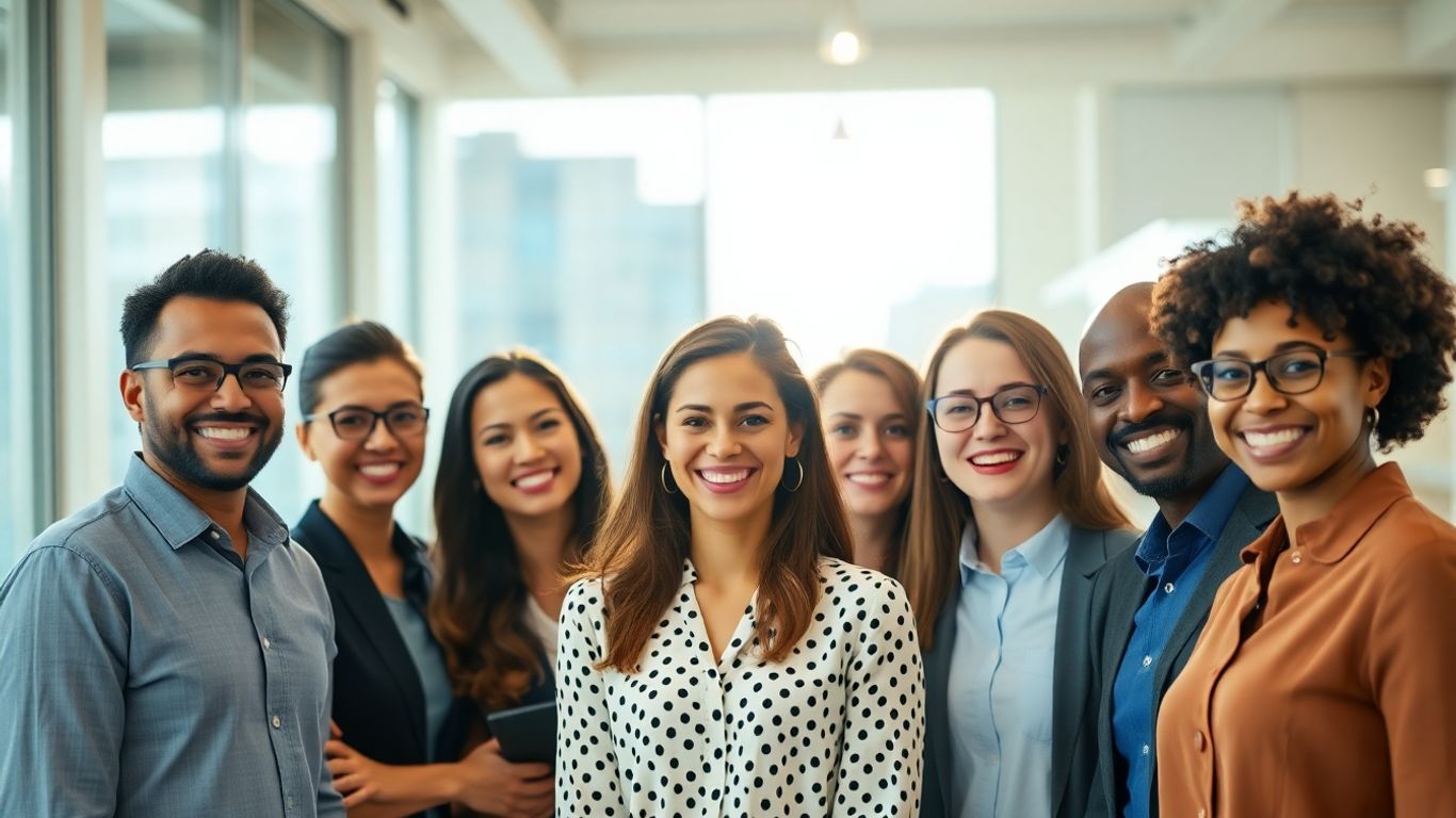 Pessoas sorrindo em um ambiente de trabalho moderno.