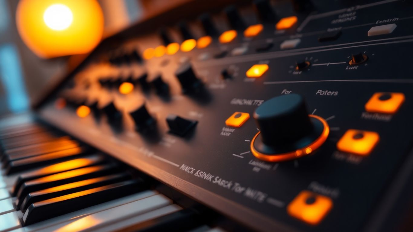 Analog synthesizer with glowing knobs and warm lighting.