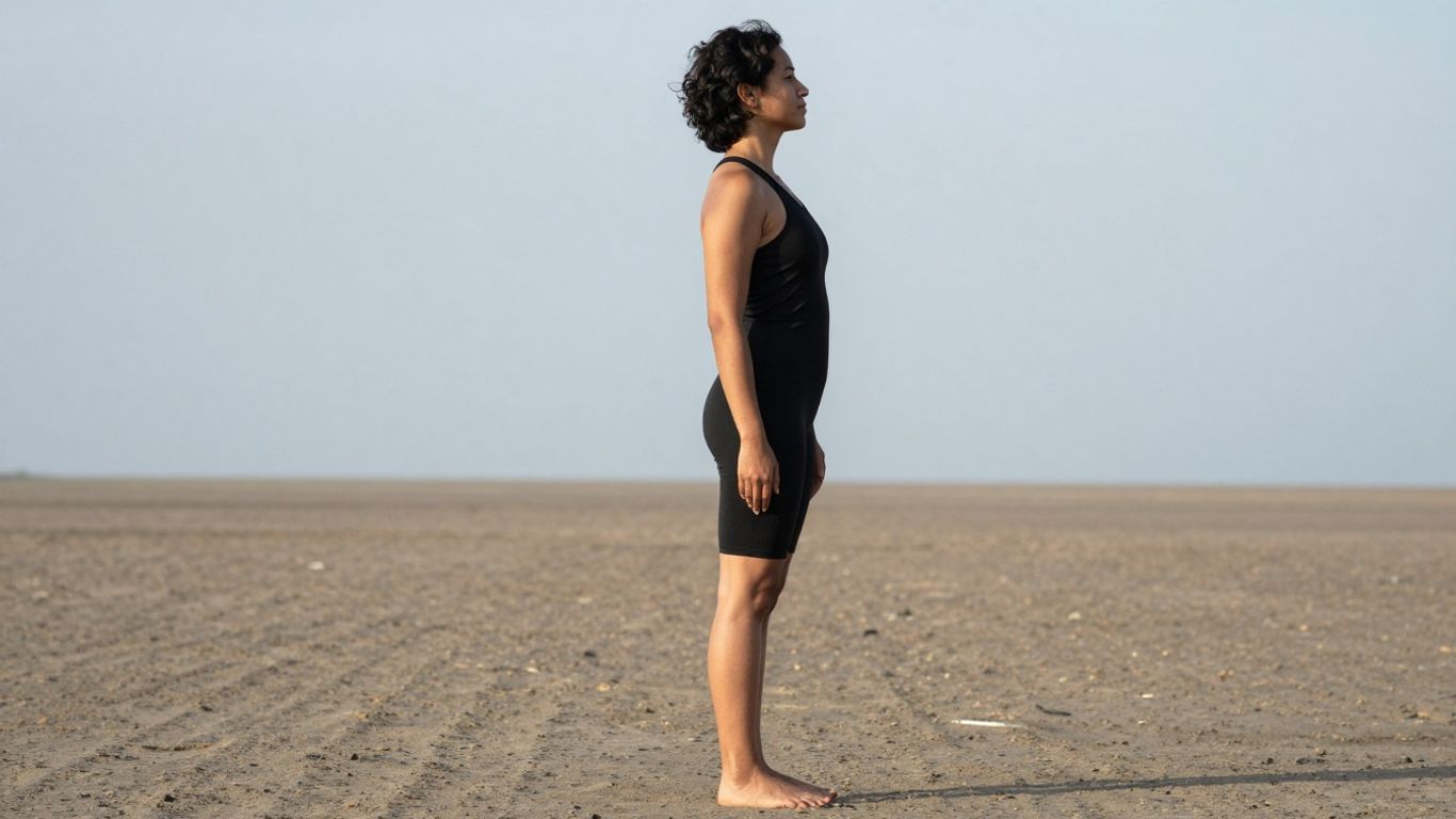 Person standing tall with good posture, shoulders back.