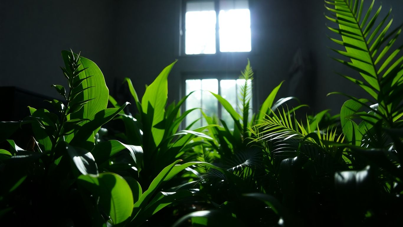 Plantas verdes exuberantes em um ambiente com pouca luz.