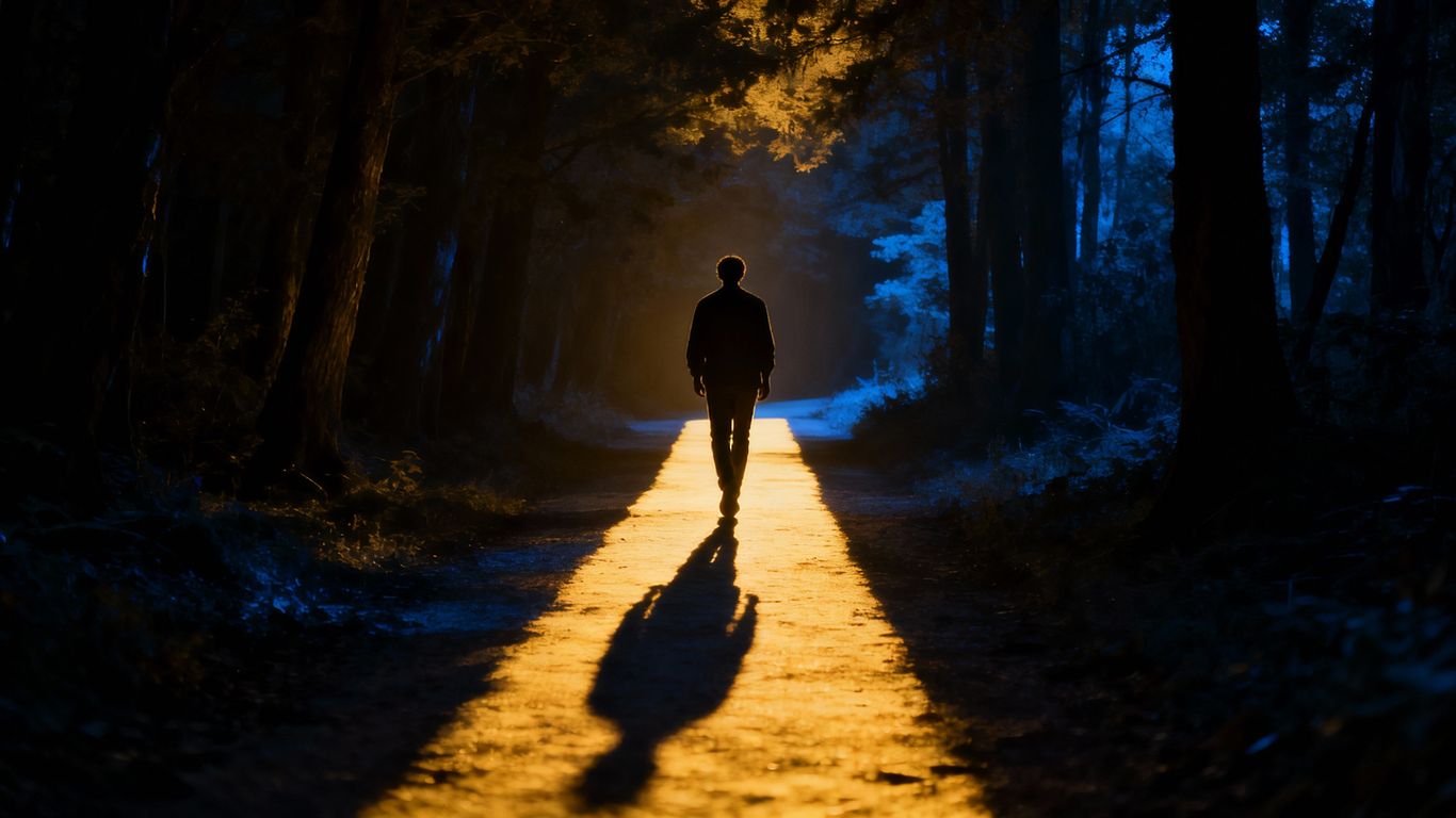 Person walking a clear path in a dark forest.