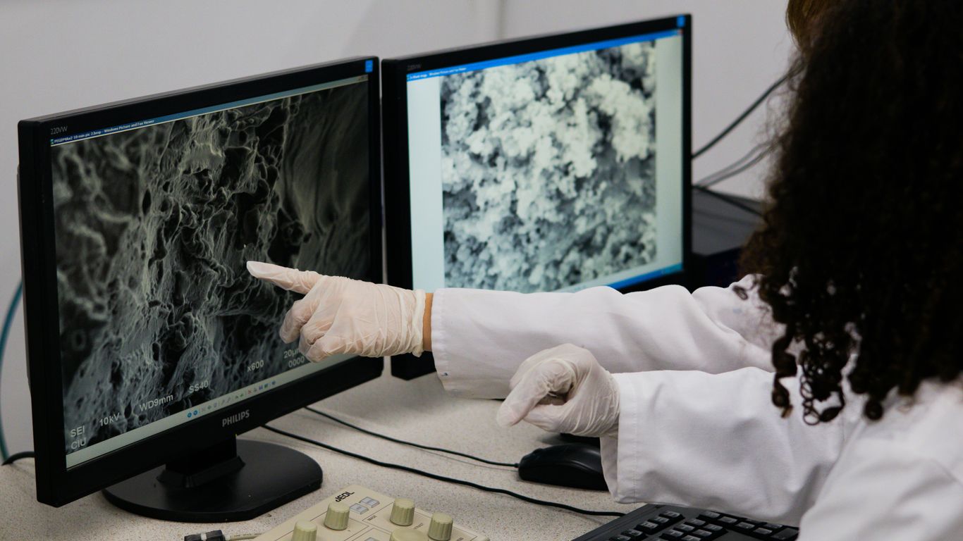 Scientist points to microscopic view on computer screen.