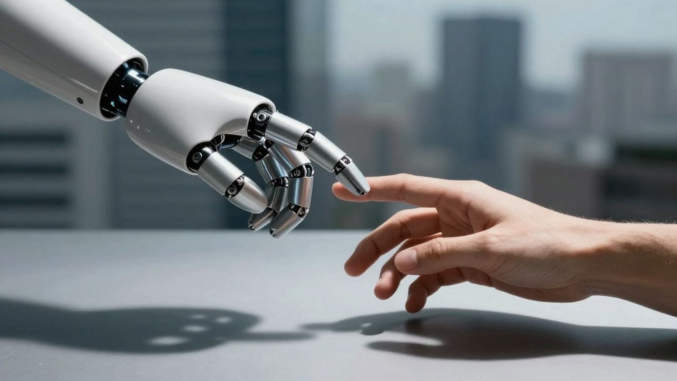 Robot hand reaching for human hand, job displacement concept.