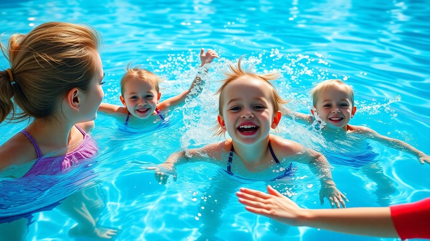 Children learning to swim and having fun in a pool.