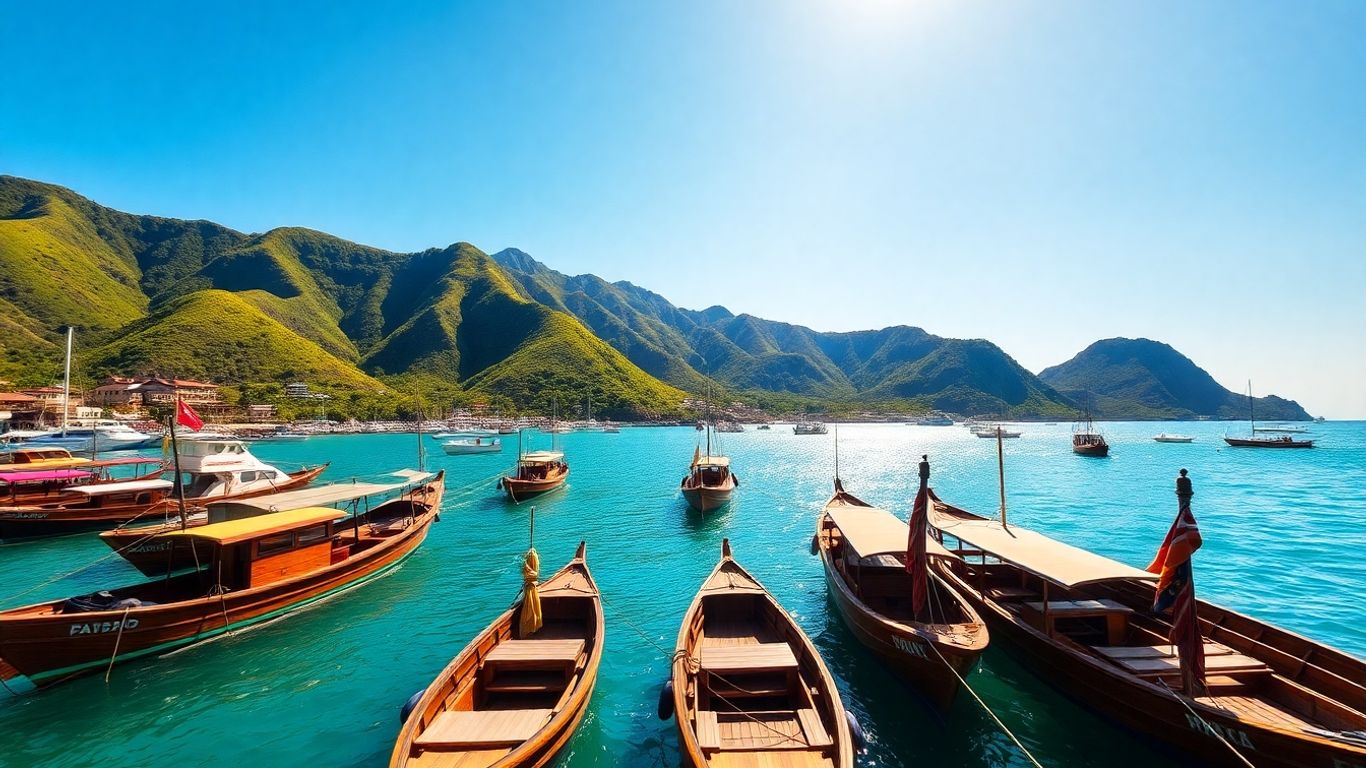 Labuan Bajo harbor with boats and green hills.