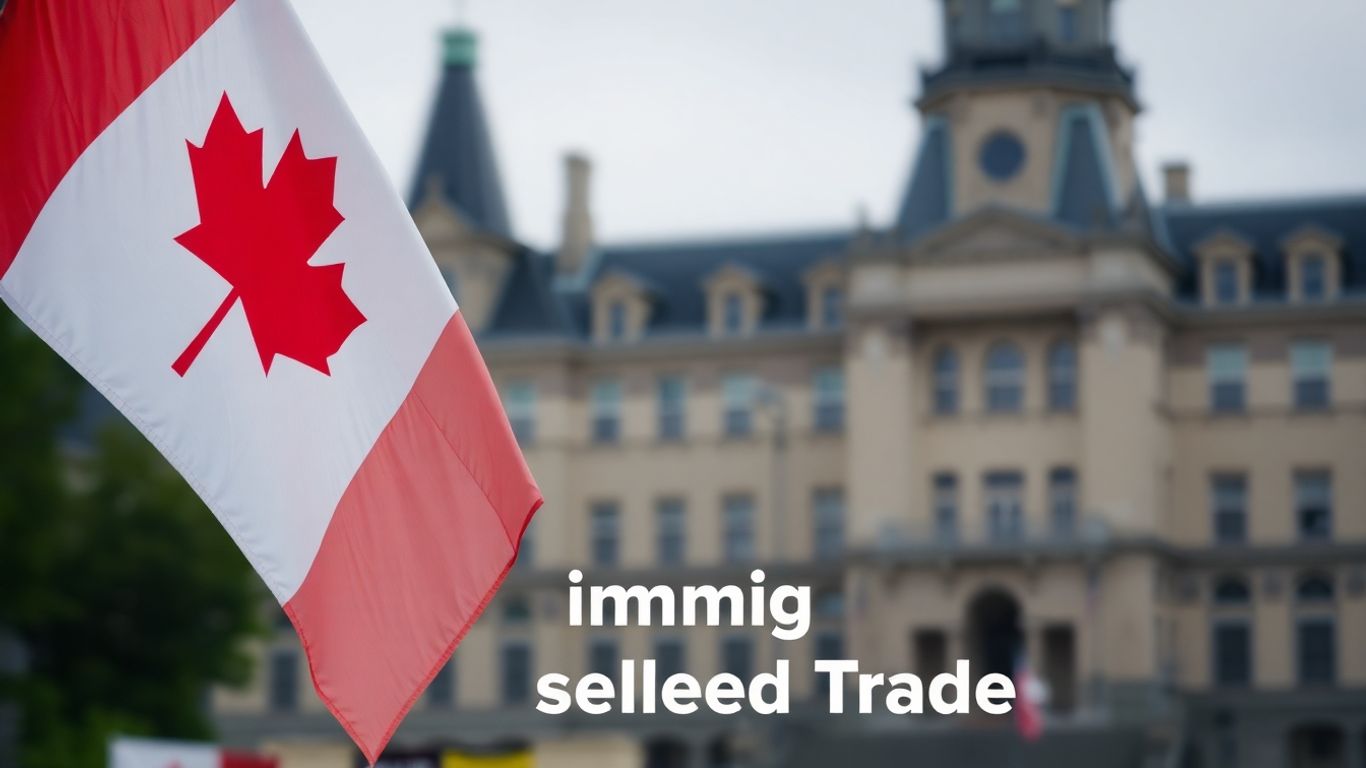 Canadian flag with government buildings in background.