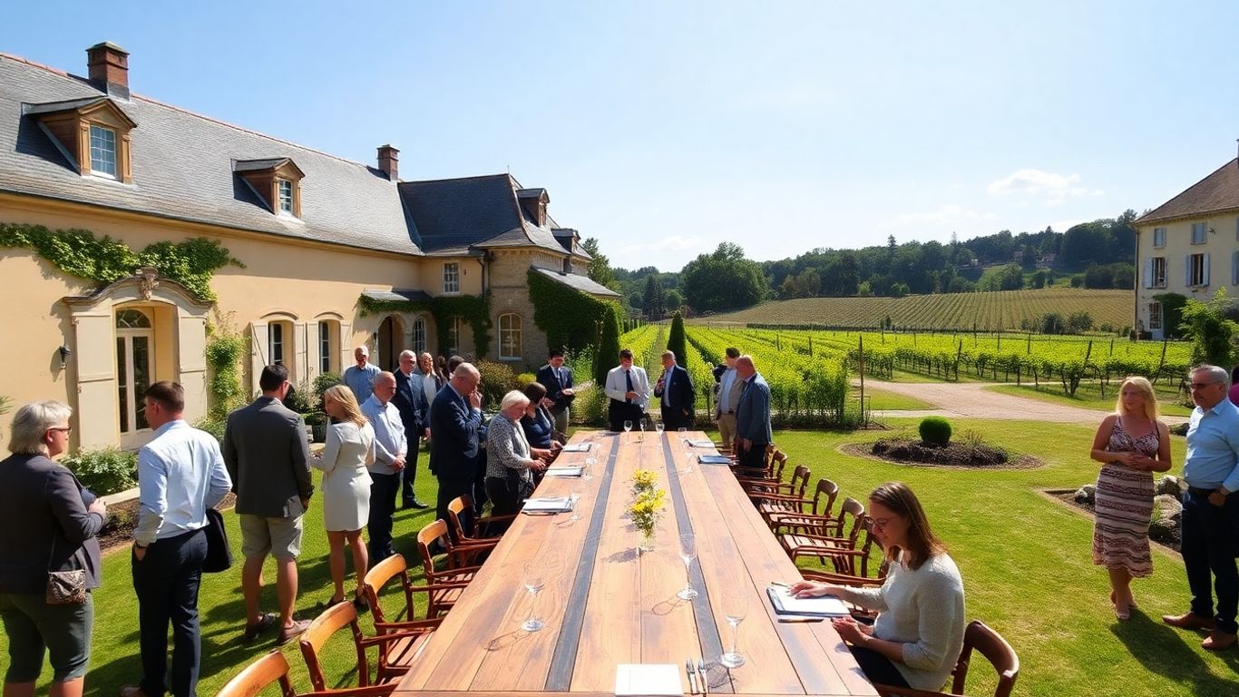 French chateau courtyard with meeting table and gardens.