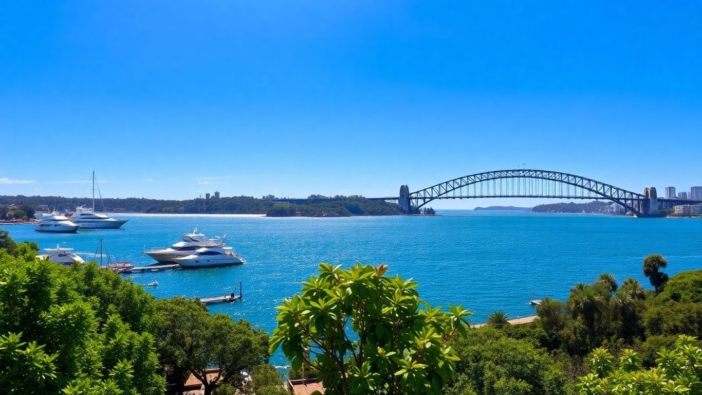 Rose Bay Sydney harbour with yachts and bridge.