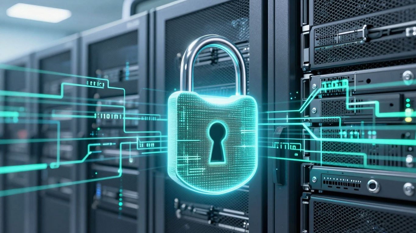 Digital padlock protecting a server rack from cyber threats.