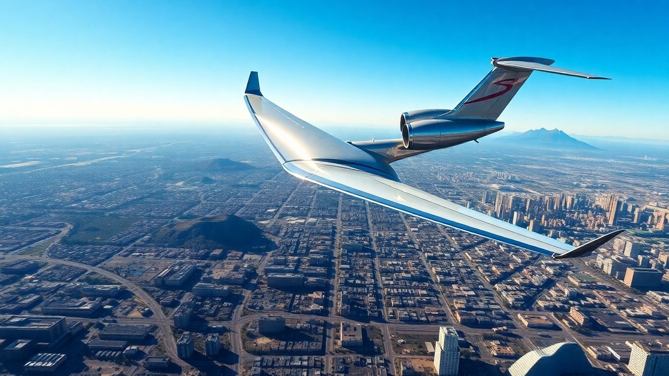 Private jet flying over USA cityscape
