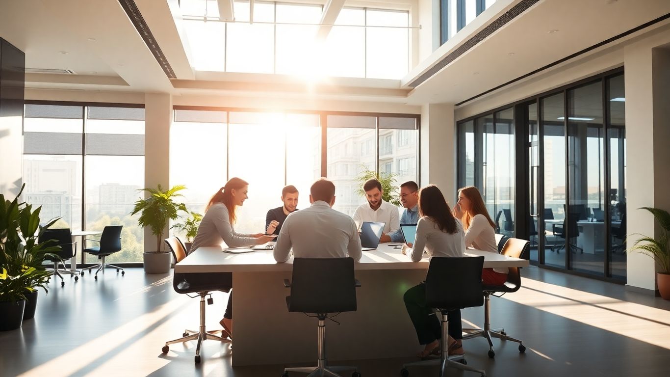 Team collaborating in a bright, modern office.