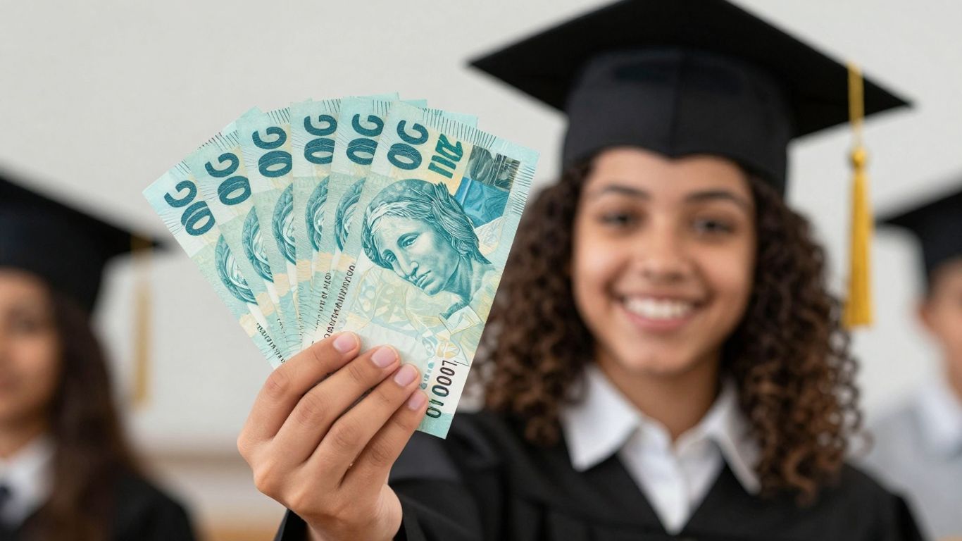 Estudante brasileiro feliz com dinheiro e capelo de formatura.