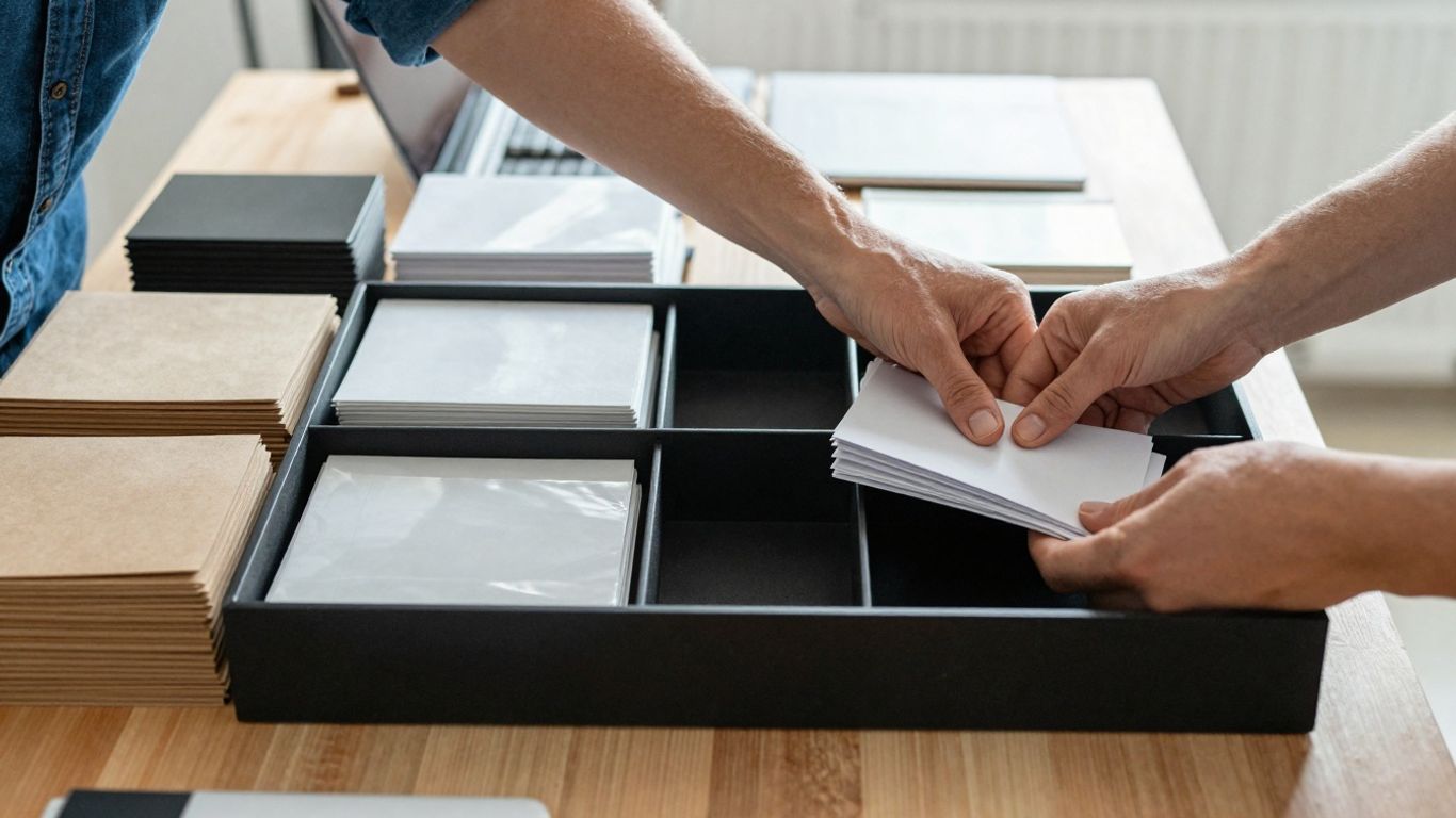 Persoană organizând obiecte pe un birou.