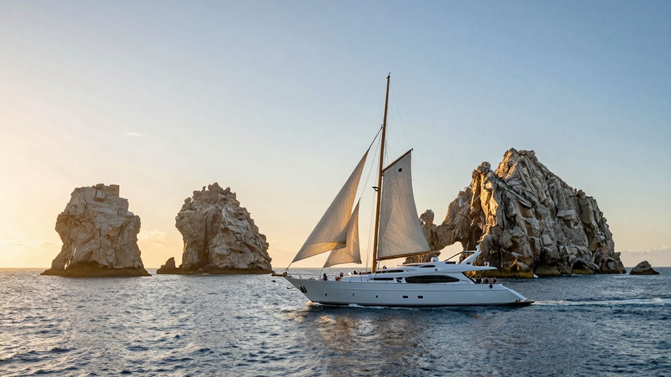 Yacht sailing towards Land's End at sunset in Cabo.