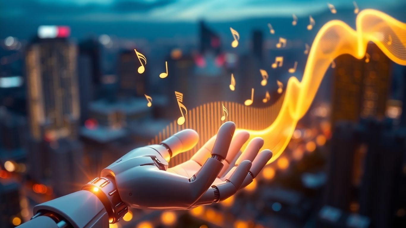 AI and music notes with a cityscape background.
