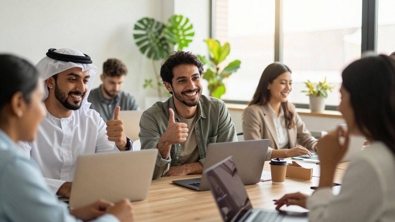 Gelukkige werknemers in een zonnig kantoor.