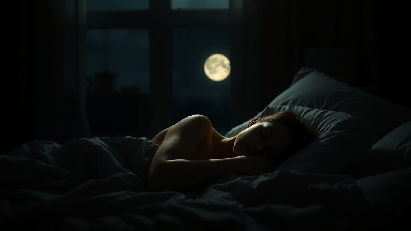 Person sleeping peacefully in a moonlit bedroom.
