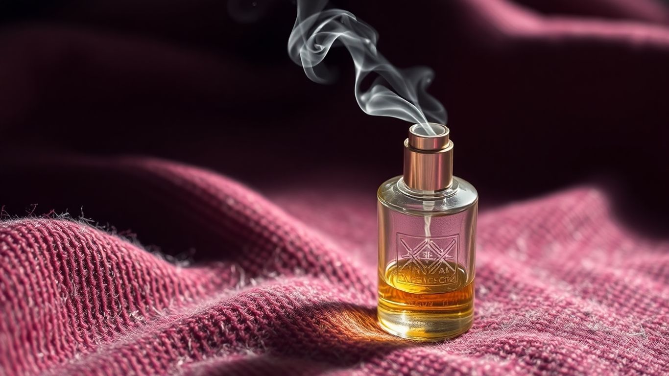 Perfume bottle on fabric, scent mist rising.