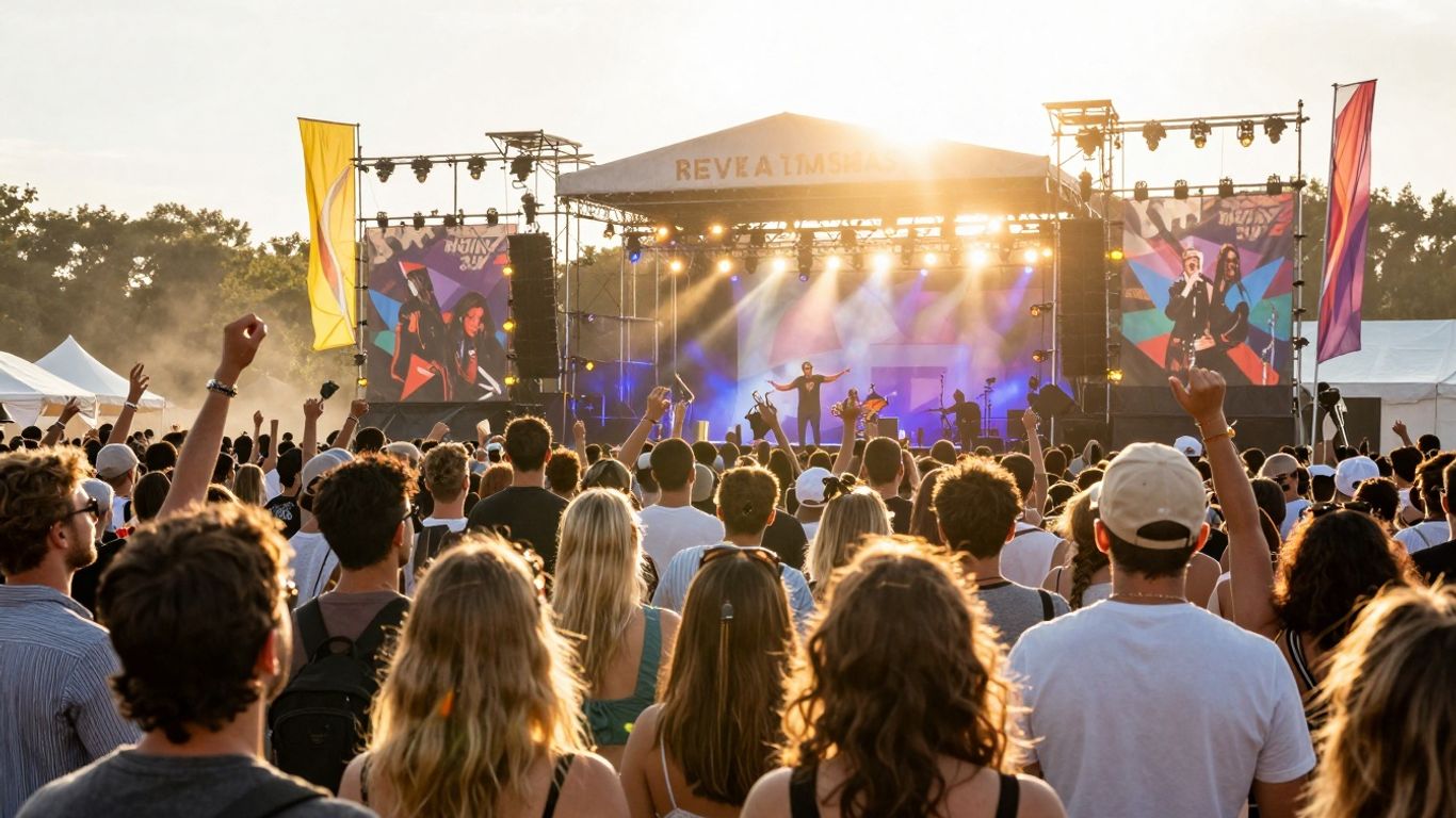 Indie music festival crowd enjoying a sunny outdoor concert.