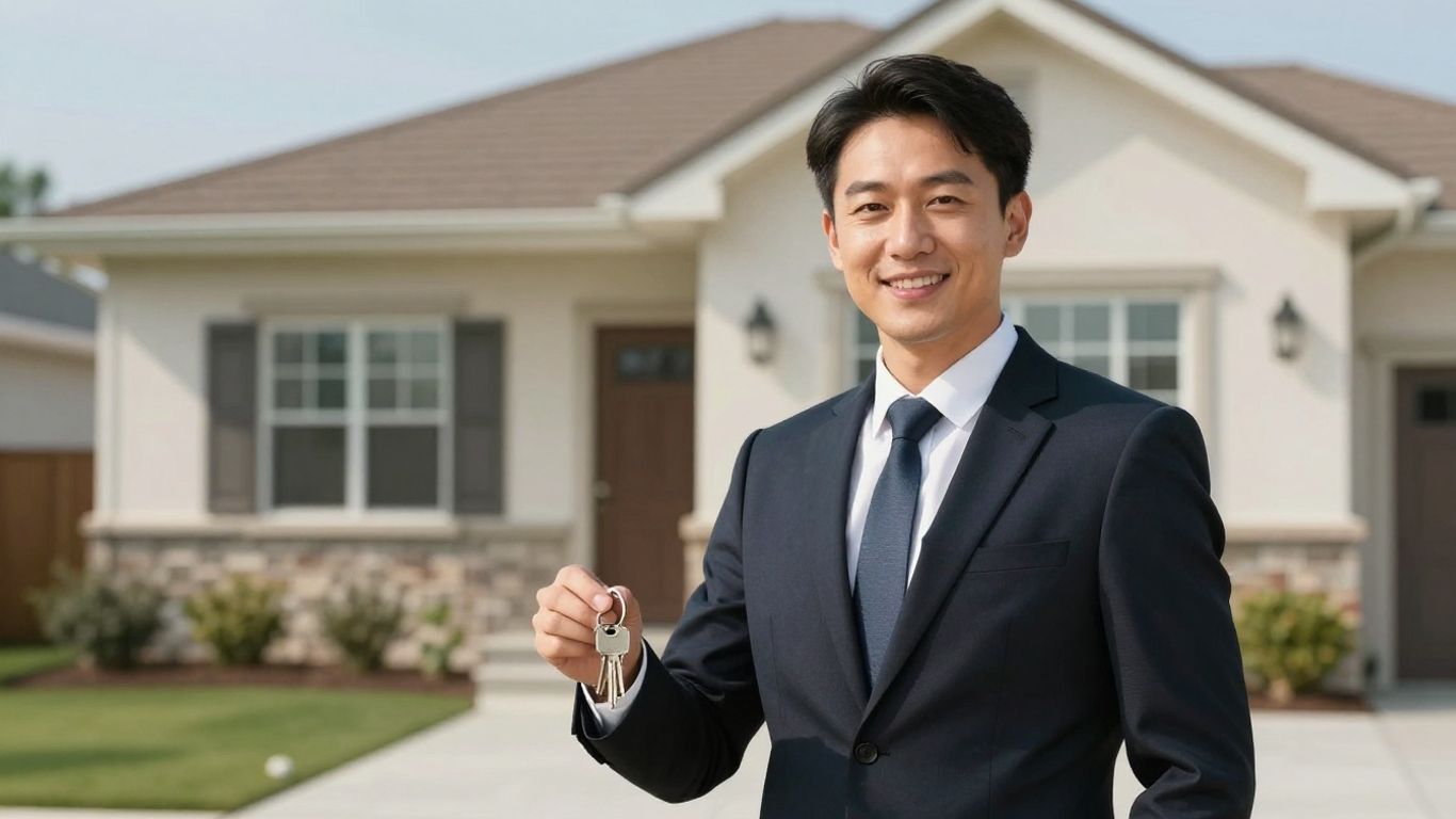 Real estate broker with keys in front of a house.