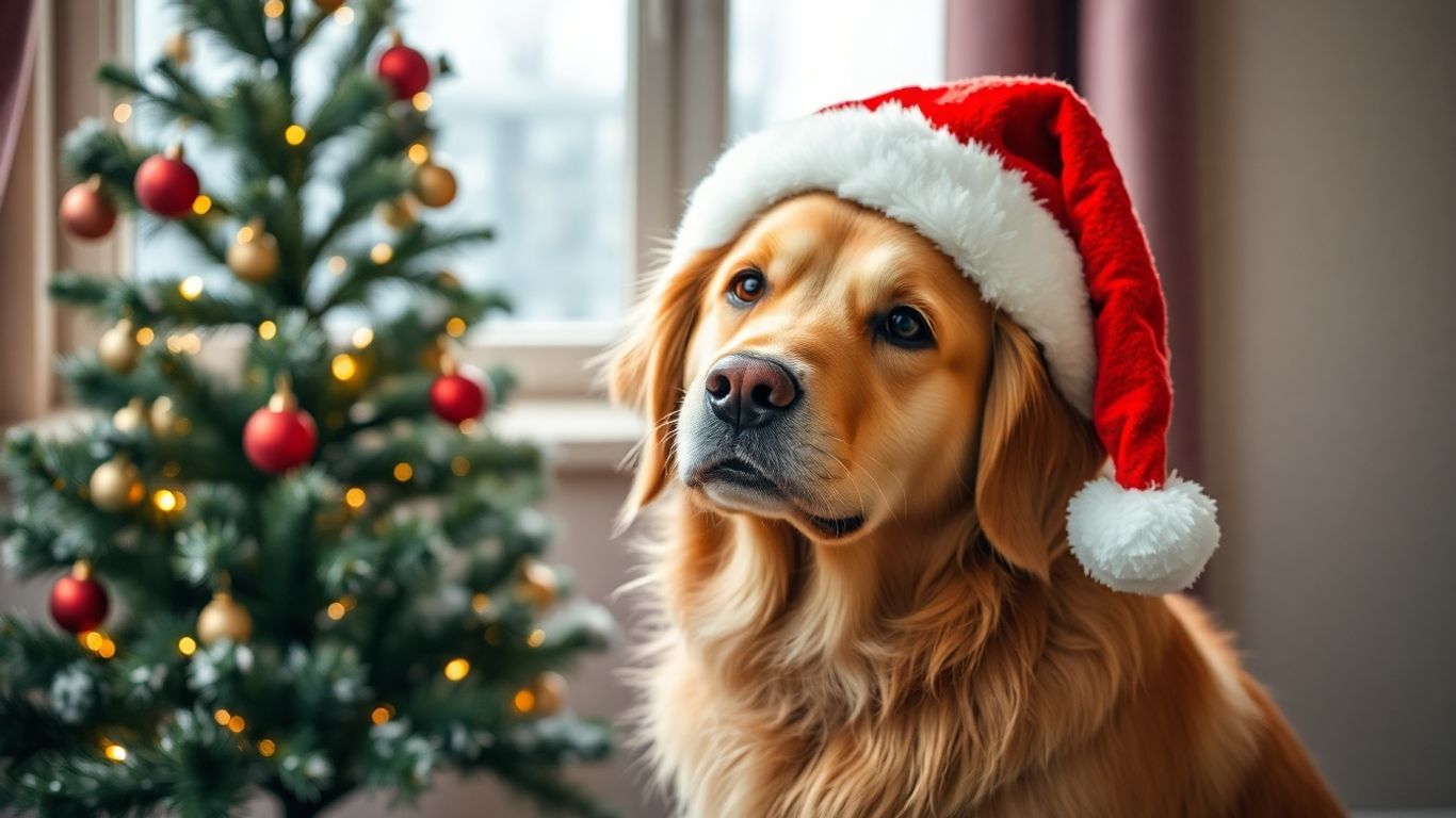 Dog in Santa hat with Christmas tree