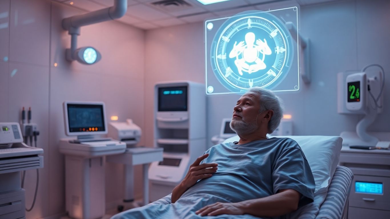 Patient using voice technology in a futuristic hospital.
