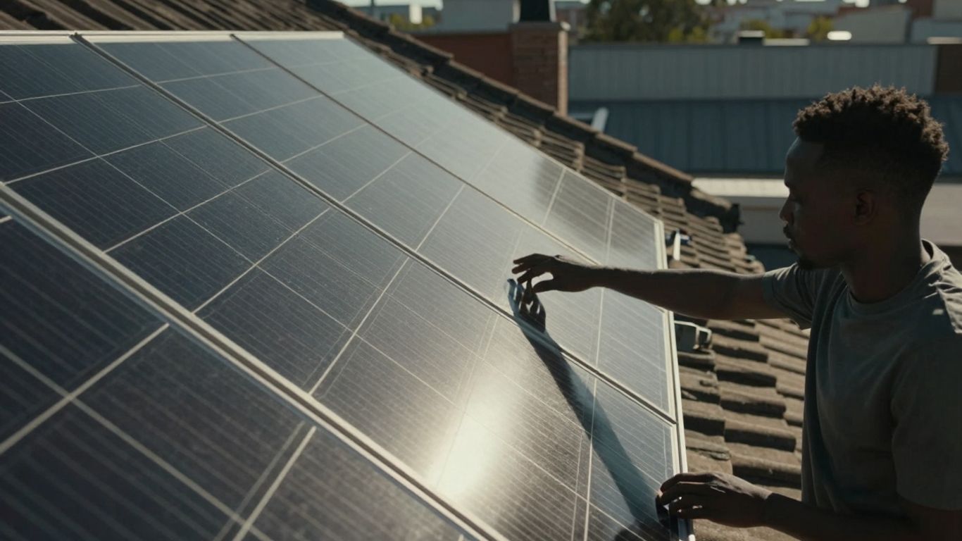 Photovoltaic solar panels on a sunny roof.