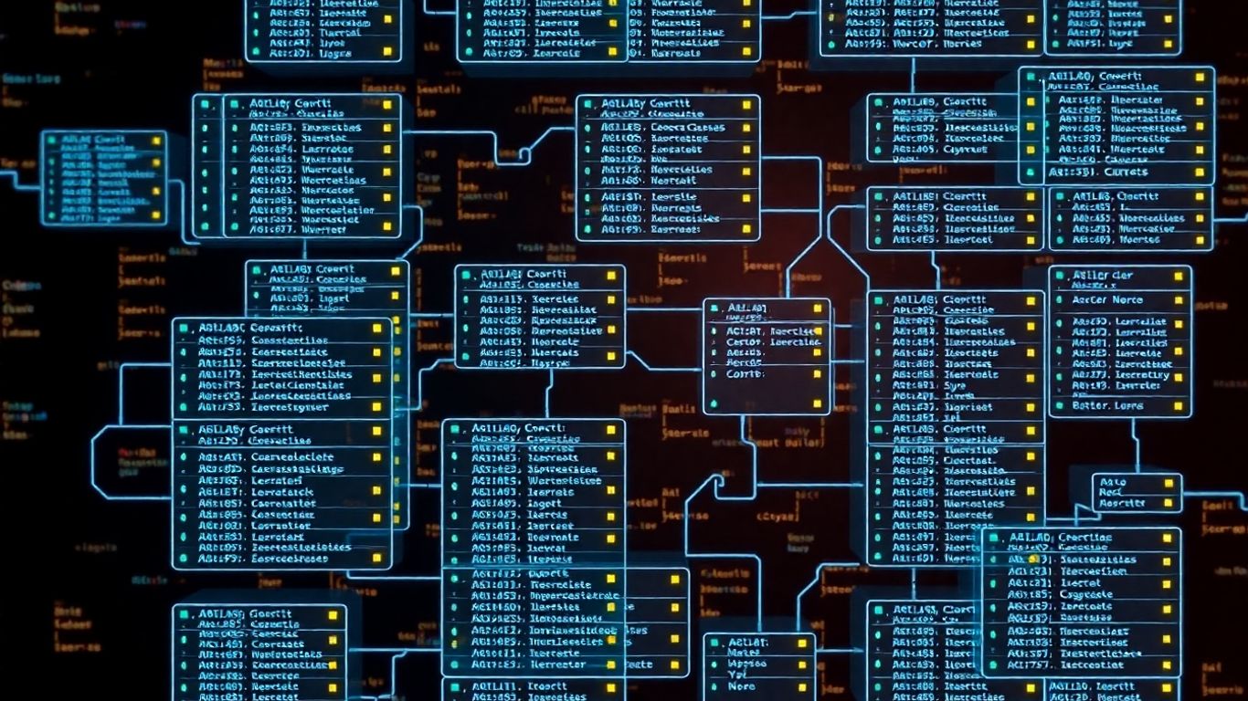 Tablas de bases de datos interconectadas y organizadas.
