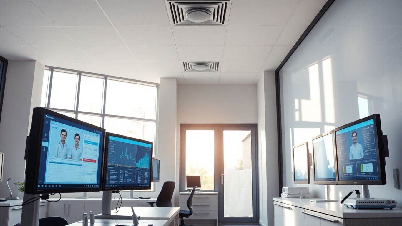 Modern medical office with advanced computer monitors.