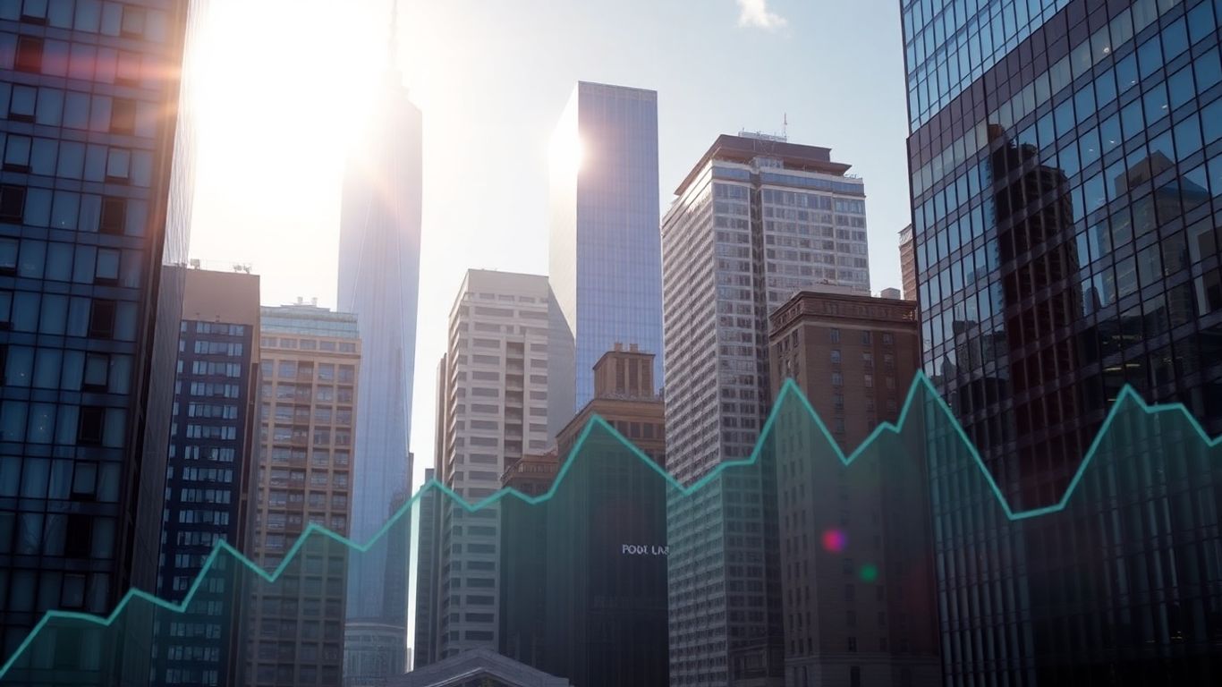 Cityscape with financial charts overlay