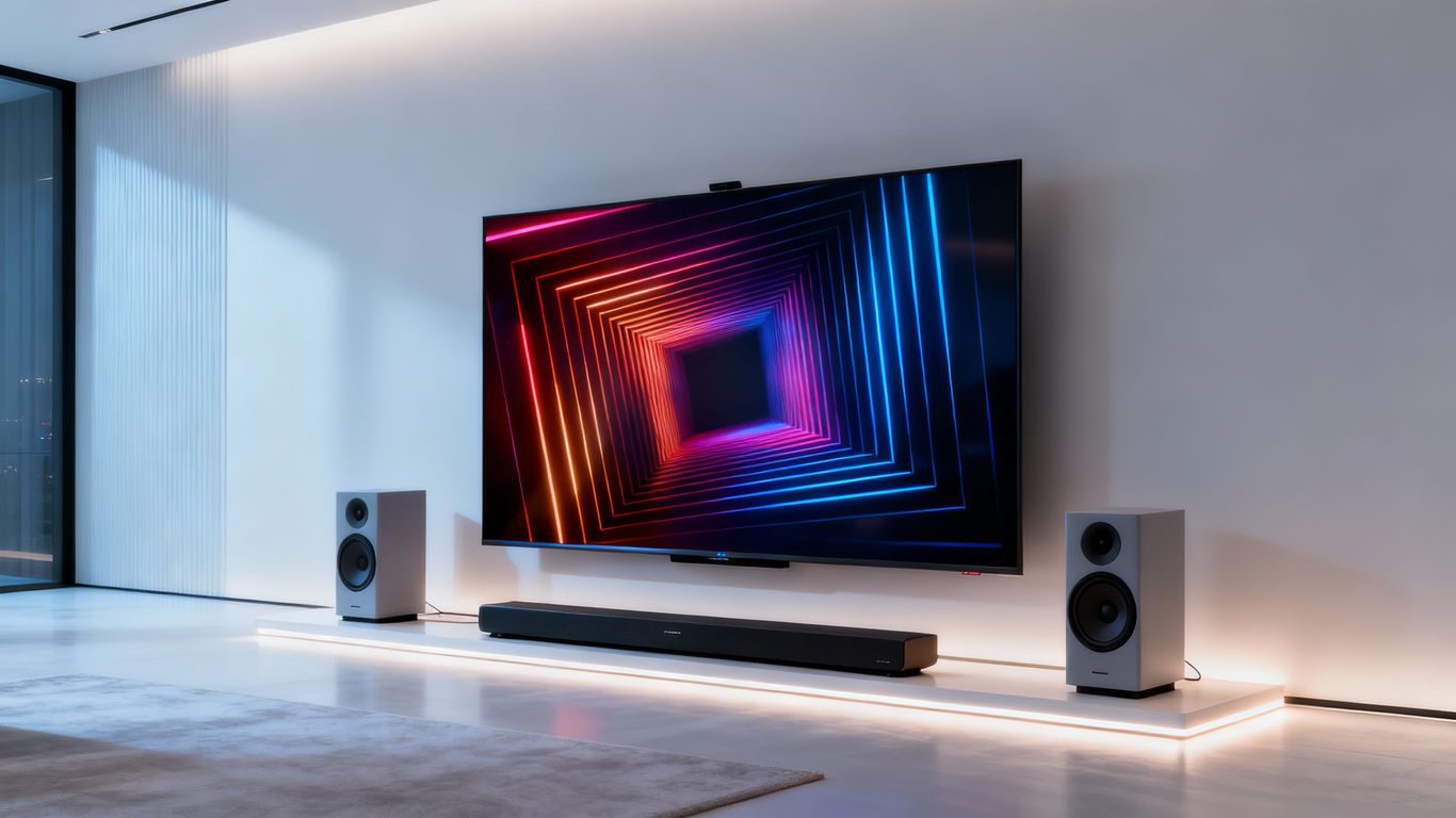 Modern living room with advanced audio and video setup.