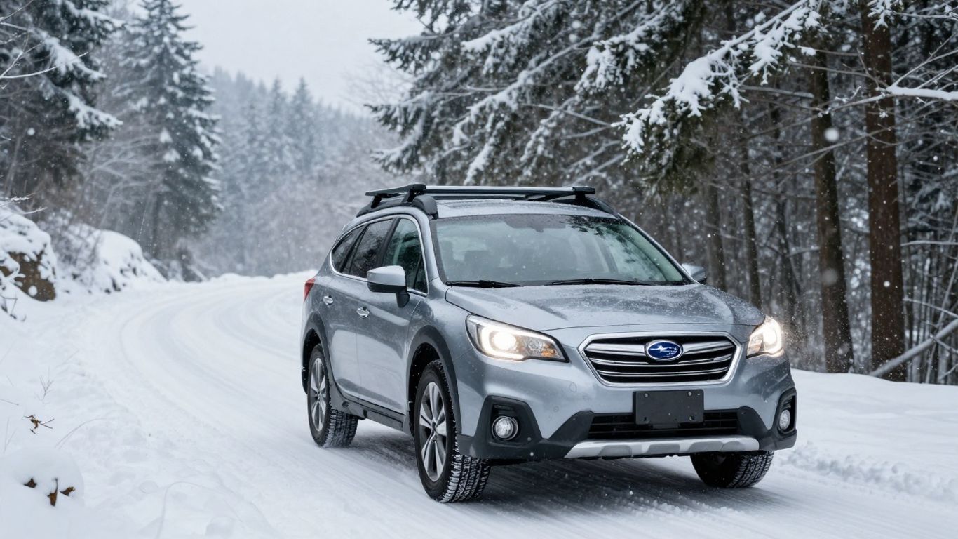 Subaru driving on a snowy mountain road.