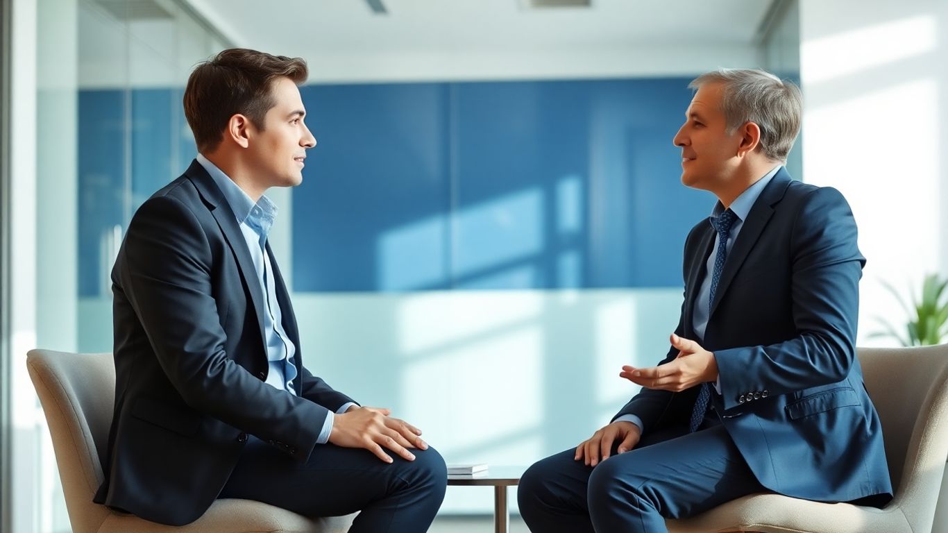 Geschäftsleute im Gespräch in einem modernen Büro mit blauen Akzenten.