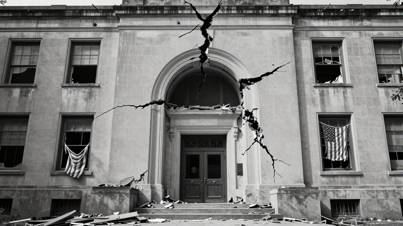 Crumbling university building with a crack and tattered flag.