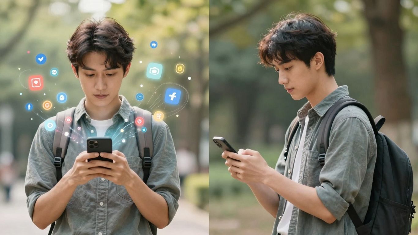 Person balancing technology and nature for a balanced life.