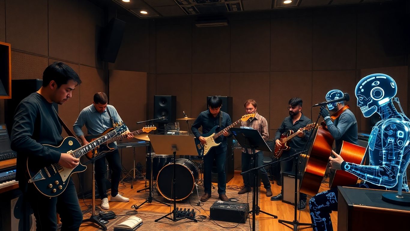 Musicians and AI collaborating in a futuristic recording studio.