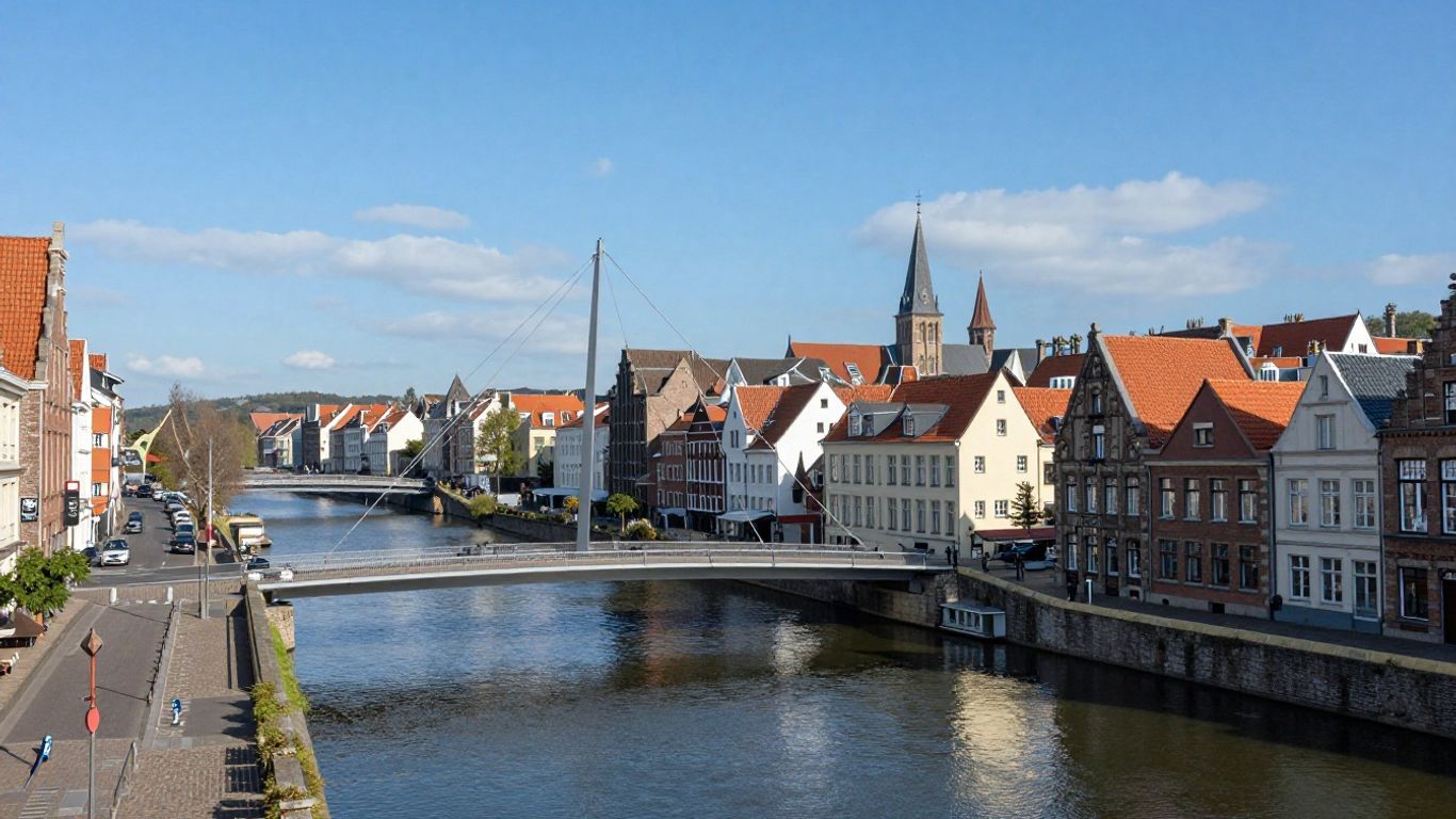 Stadgezicht Maastricht met rivier en brug.