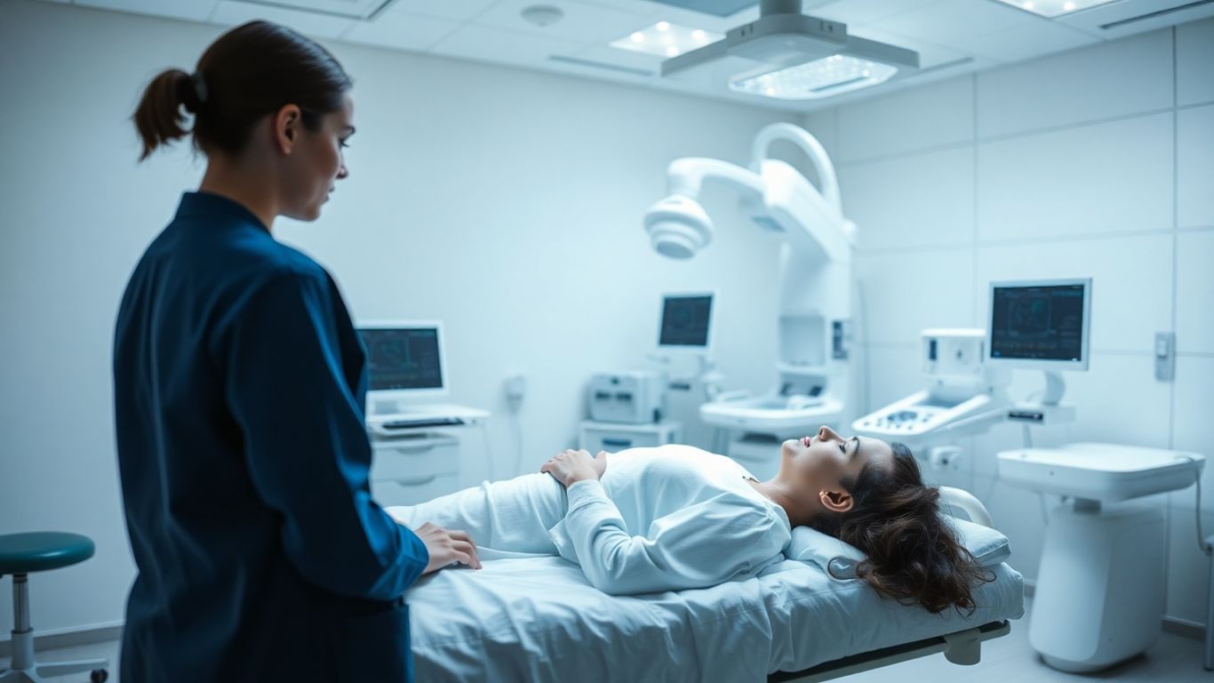 Pacient în pat, asistat de personal medical.