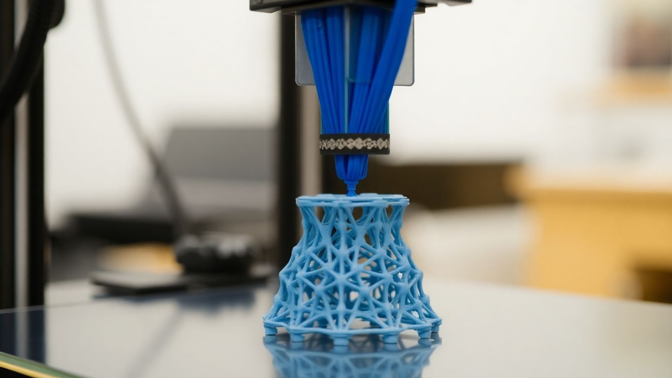 3D printer creating a detailed object with blue filament.